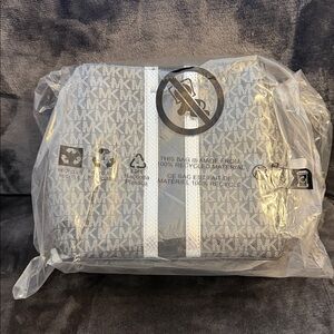 Michael Kors Gray MK Logo Cosmetic Pouch with White Stripe